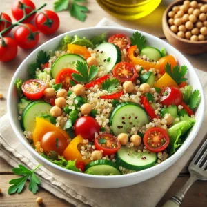 طبق من سلطة الكينوا الملونة، يحتوي على الحمص، الطماطم، الخيار، الفلفل الحلو، والبقدونس، مع لمسة من زيت الزيتون والليمون.