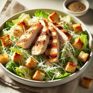 طبق سلطة سيزر بالدجاج المشوي مقدم في وعاء أبيض أنيق، يحتوي على قطع الدجاج المتبّلة والمشوية، مع خس روماني مقرمش، شرائح خبز محمصة (كروتون)، وجبن بارميزان مبشور، مغطى بصوص السيزر الكريمي.