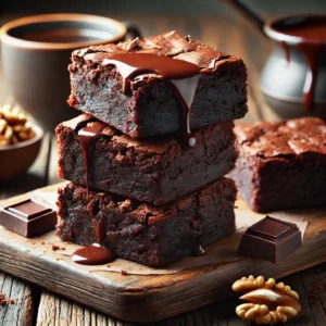 براونيز شوكولاتة طازج مقطع إلى مربعات، يتميز بقوامه الطري وطبقة علوية لامعة ومتشققة قليلاً. مكدس على لوح خشبي ريفي، مع شوكولاتة مذابة تتدفق فوقه، ومزين ببعض الجوز وكوب من القهوة في الخلفية لإضافة لمسة جمالية.