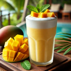عصير مانجو بالحليب منعش ومثلج، يُقدم في كوب زجاجي طويل، مُزين بشرائح المانجو الطازجة وورقة نعناع خضراء. يظهر على الزجاج قطرات ماء صغيرة توحي ببرودة العصير، مع خلفية استوائية تُضفي لمسة من الانتعاش.