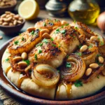 صورة لطبق المسخن الفلسطيني التقليدي، حيث تظهر أرغفة الخبز المشبّعة بزيت الزيتون مغطاة بالدجاج المتبل بالبصل والسماق، مزينة بالمكسرات والصنوبر المحمص، مع جانب من اللبن والخضار الطازجة.