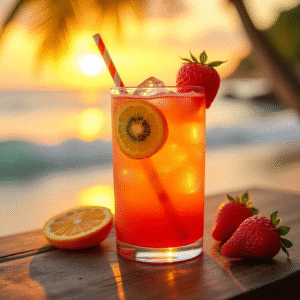 كوب طويل من عصير تايم الملون مع مكعبات الثلج وشرائح الفواكه الطازجة في خلفية صيفية منعشة.