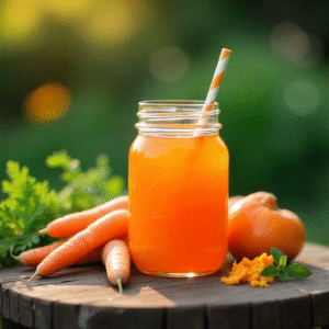 عصير جزر طازج في كوب زجاجي محاط بالجزر الطازج وأوراق النعناع، يُقدم على طاولة خشبية لمظهر طبيعي ومنعش.