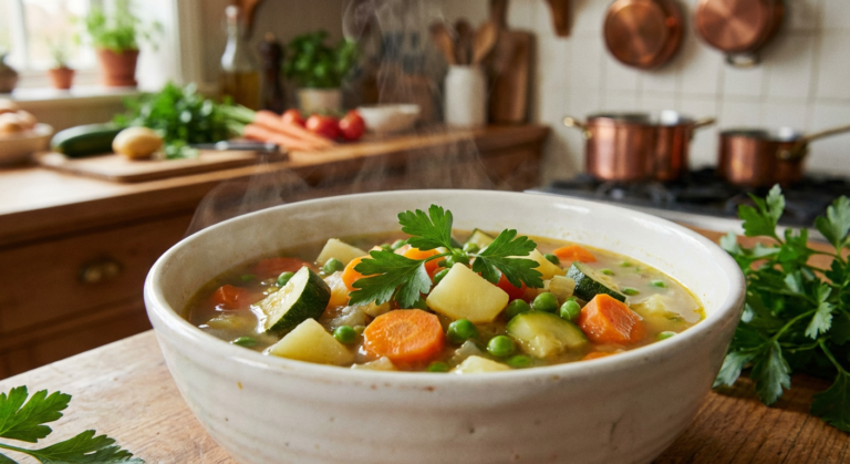 شوربة الخضار المشكلة الصحية في وعاء أبيض، تحتوي على الجزر والكوسة والبطاطس والبازلاء، مناسبة للدايت والوجبات الصحية
